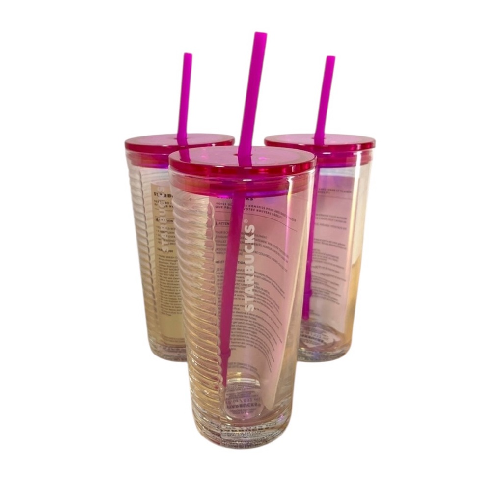 Starbucks Recycled Ribbed Glass Spring Pink Fuschia Ribbed Tumbler Cup 18 oz NEW